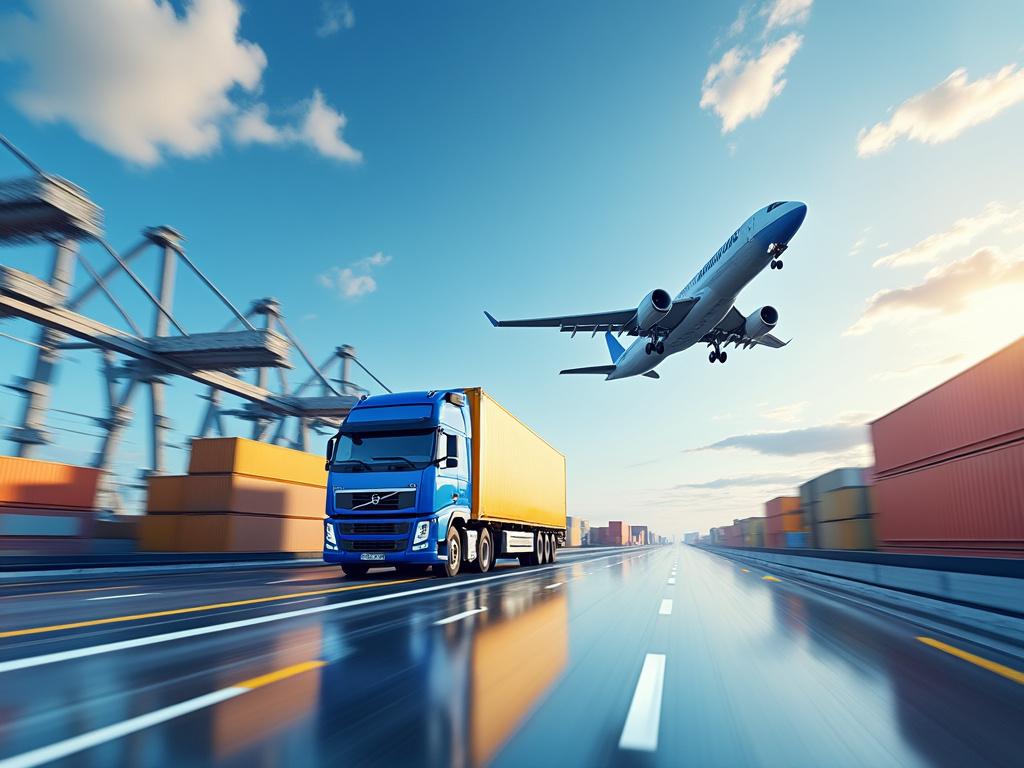 Blue cargo truck on a highway with an airplane flying overhead and shipping containers on the side, illustrating global logistics and transportation.