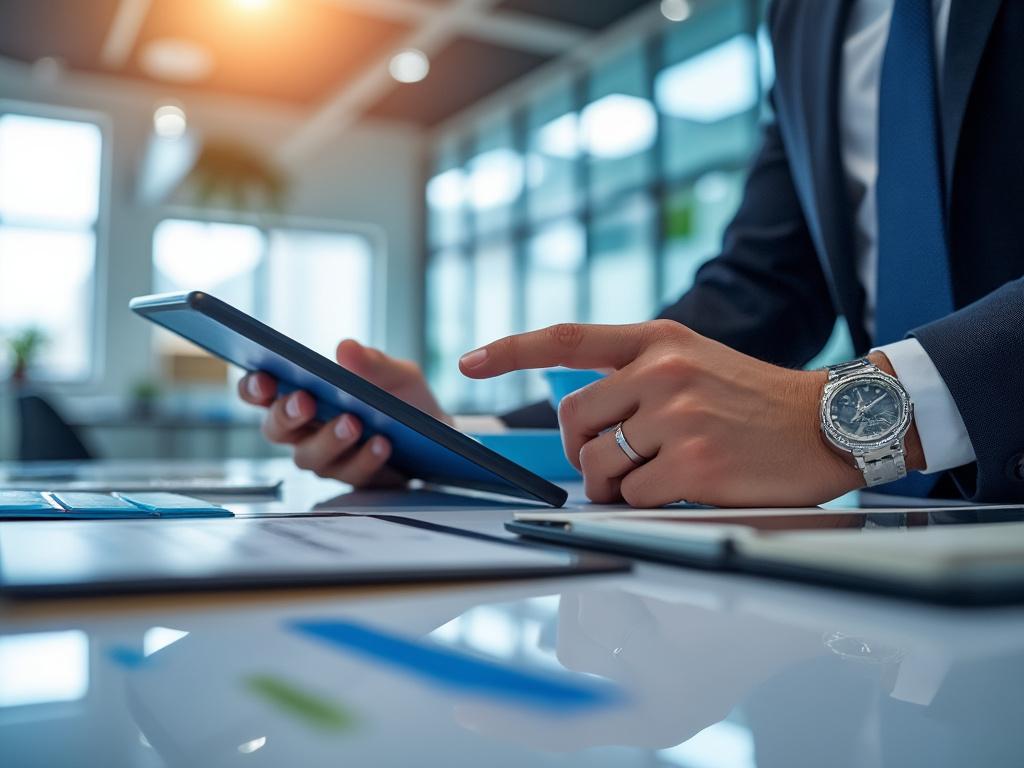 Businessman using a digital tablet at a modern office desk with documents and a stylish watch.
