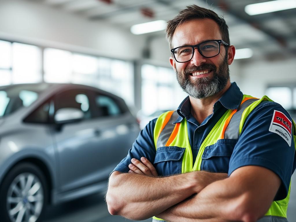 Smiling mechanic in high-visibility vest standing proudly in a bright automotive workshop beside a parked car.