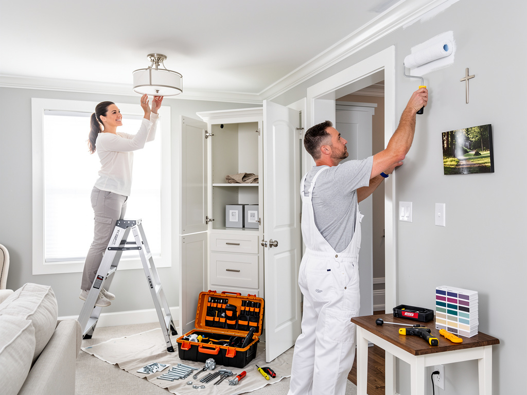 Professional home painters renovating a bright living room with paint roller, ladder, tools, and color swatches Professional home painters renovating a bright living room with paint roller, ladder, tools, and color swatches