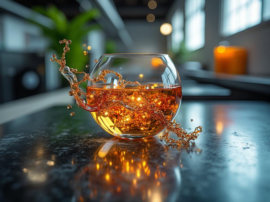 Close-up of an amber liquid in a round glass with dynamic splash effect on a reflective surface, indoor setting.