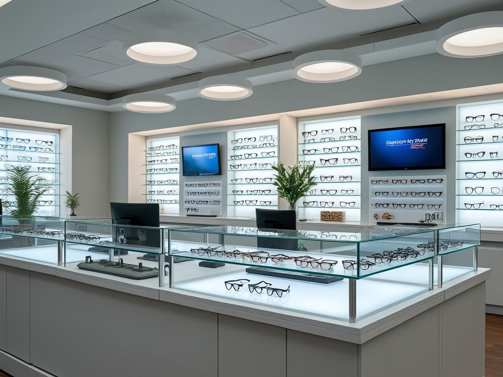 Modern eyewear store interior with display cases and shelves filled with a variety of eyeglasses, illuminated by circular ceiling lights.