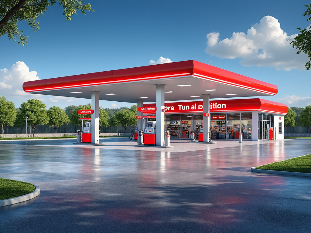 Modern gas station with red accents, multiple fuel pumps, and convenience store in a sunny setting with trees in the background.