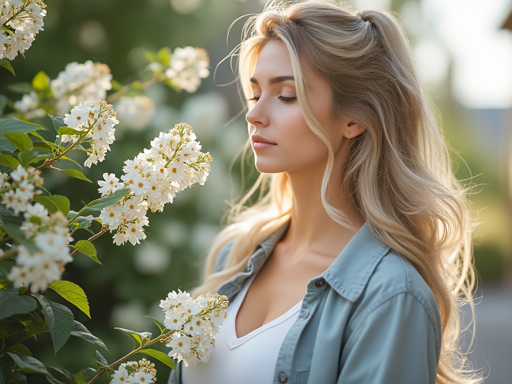 Woman with blonde hair and blue shirt admiring white blossoms in a garden.