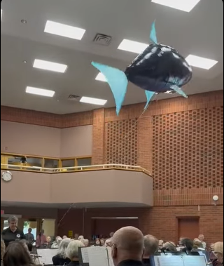 image of blue shark balloon flying in the air at a band concert. Band was playing the theme from JAWS image of blue shark balloon flying in the air at a band concert. Band was playing the theme from JAWS