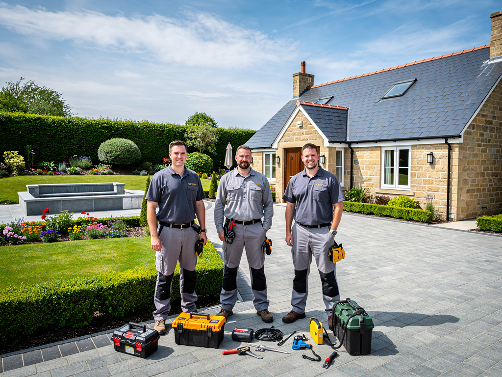 Professional tradesmen with toolboxes standing on paved driveway outside a stone house with landscaped garden Professional tradesmen with toolboxes standing on paved driveway outside a stone house with landscaped garden