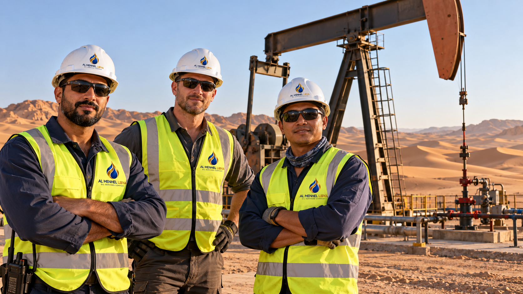 Oilfield service yard with workers, trucks, equipment storage, pumpjacks and drilling rigs in a desert industrial site