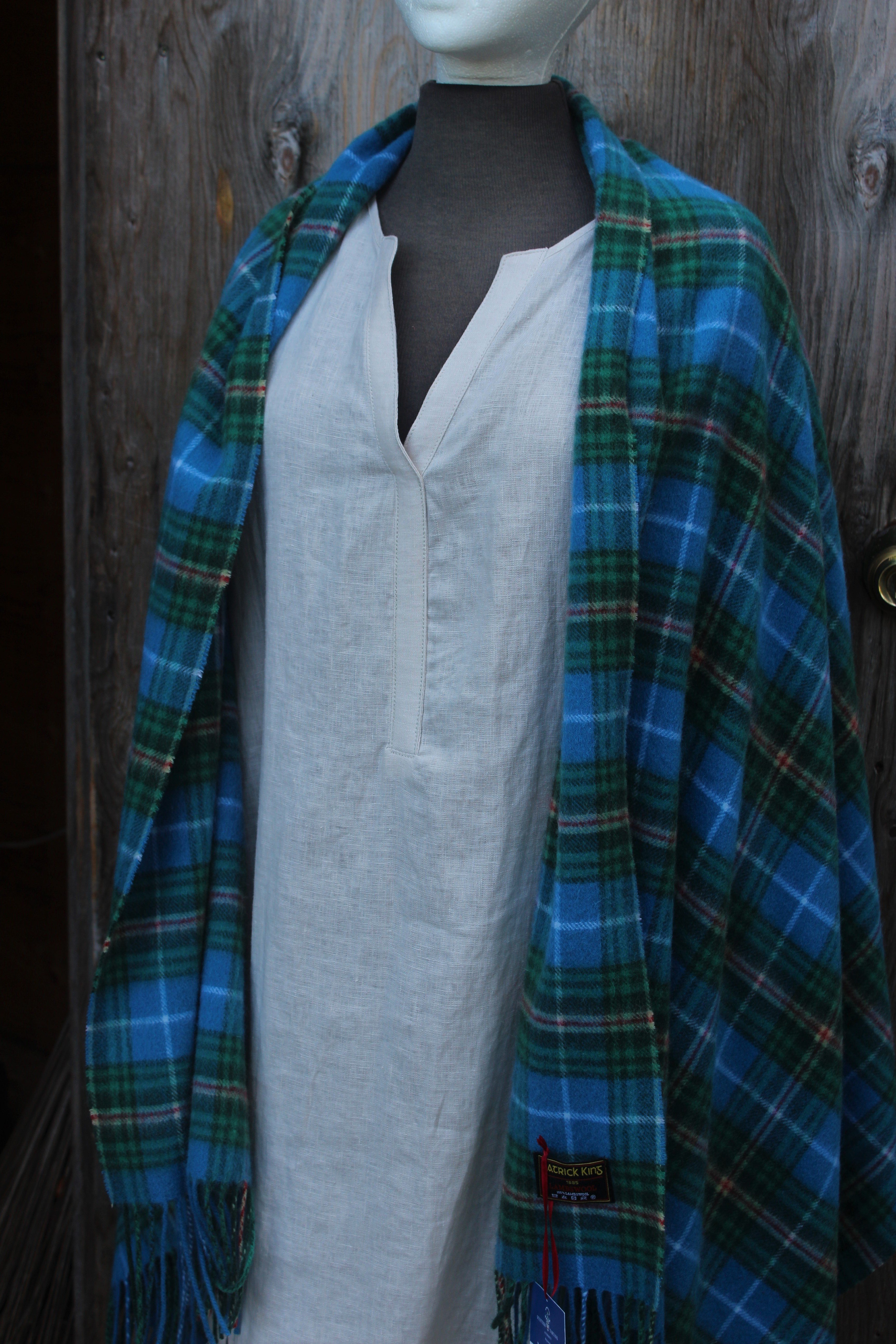 Nova Scotia Tartan Cape- $136.00
100% Lambswool, Made in Scotland
Featuring Beige Linen Dress- $88.00