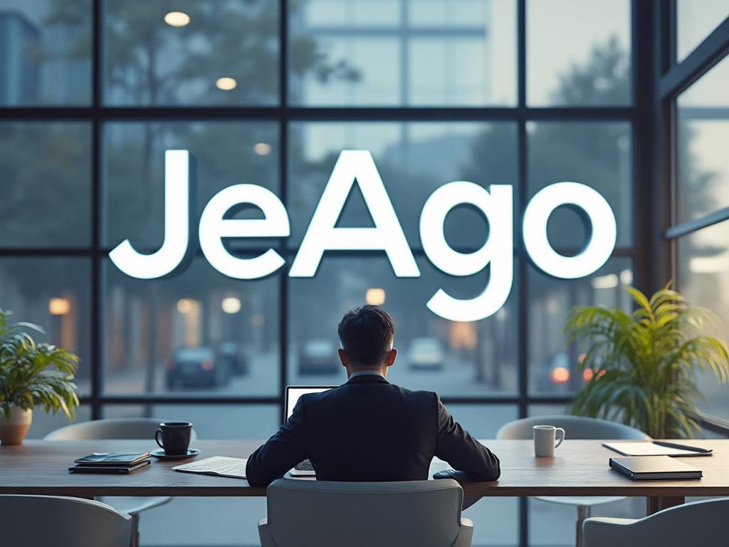 Person working on a laptop in a modern office with 'JeAgo' sign on window.