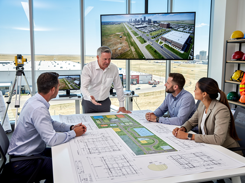 Urban planning team reviewing site plans and aerial development renderings in modern engineering office Urban planning team reviewing site plans and aerial development renderings in modern engineering office