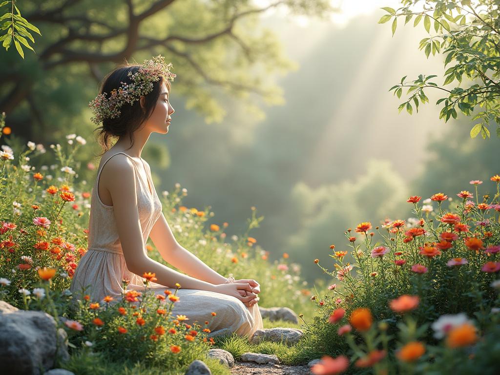 Woman in a floral crown sitting in a sunlit garden surrounded by colorful flowers.