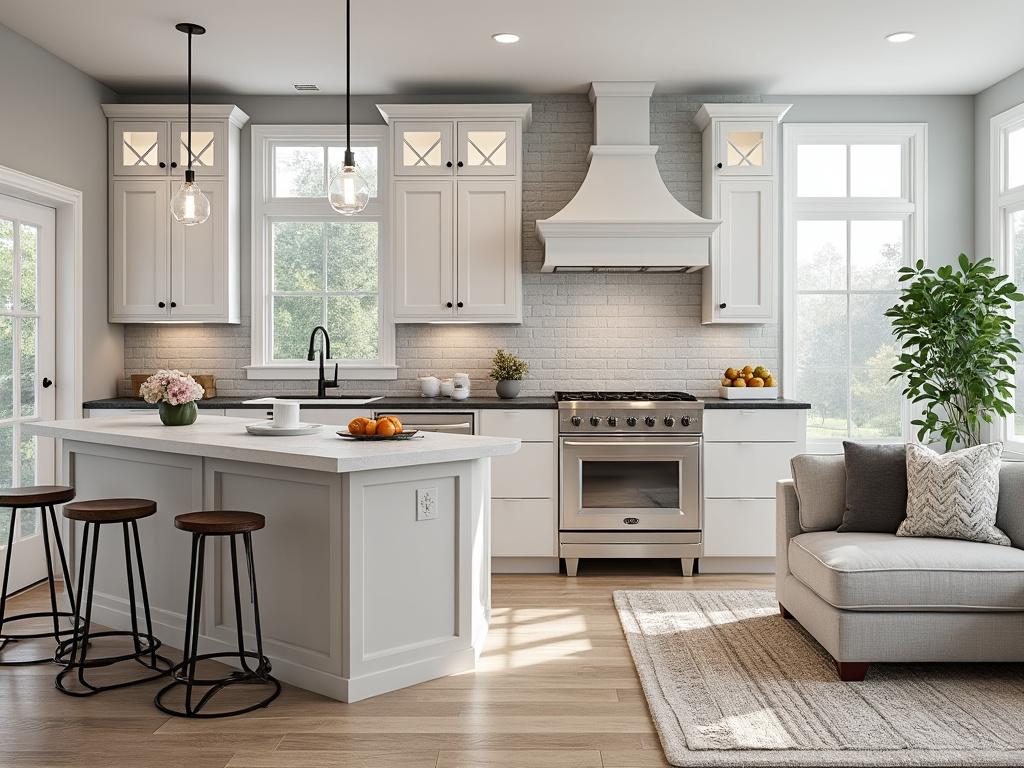 Modern kitchen with white shaker cabinets, central island, bar stools, and stainless steel appliances, featuring large windows and natural light. Modern kitchen with white shaker cabinets, central island, bar stools, and stainless steel appliances, featuring large windows and natural light.