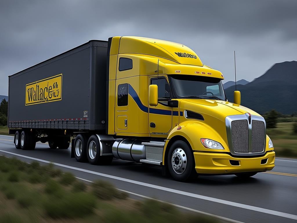 A yellow and blue semi-truck with 'Wallace' branding on the trailer, driving on a highway with mountains in the background.