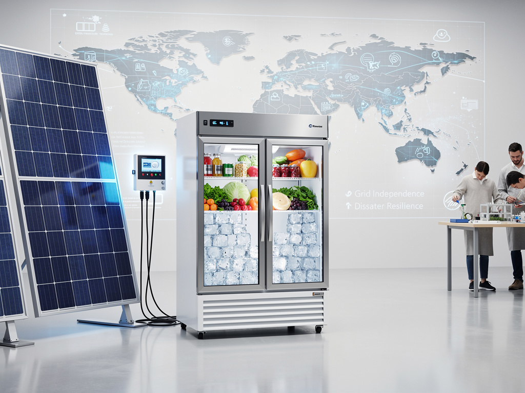 Solar-powered commercial refrigerator with fresh produce and ice in a smart lab, highlighting off-grid cold storage technology