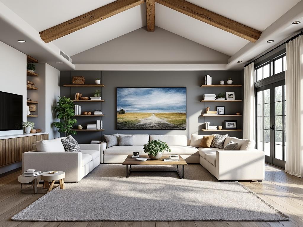 Modern living room with vaulted ceiling, large sectional sofa, wall art, and shelves, featuring natural light and wooden beams.