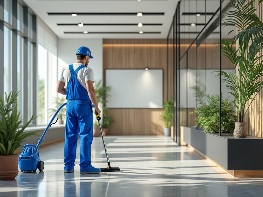 Mann in blauer Arbeitskleidung reinigt modernen Büroflur mit Staubsauger, umgeben von grünen Pflanzen.