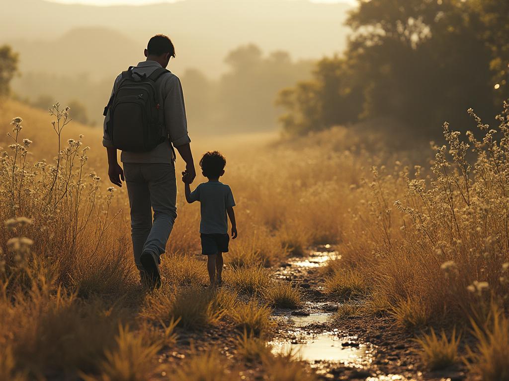 Man with backpack and child walking hand in hand on dirt path through dry grass under warm, golden sunlight.