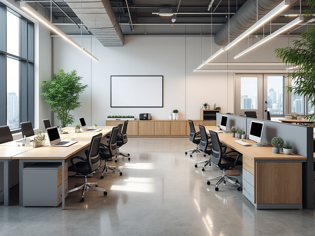Modern open-plan office with wooden desks, ergonomic chairs, large windows, and greenery.