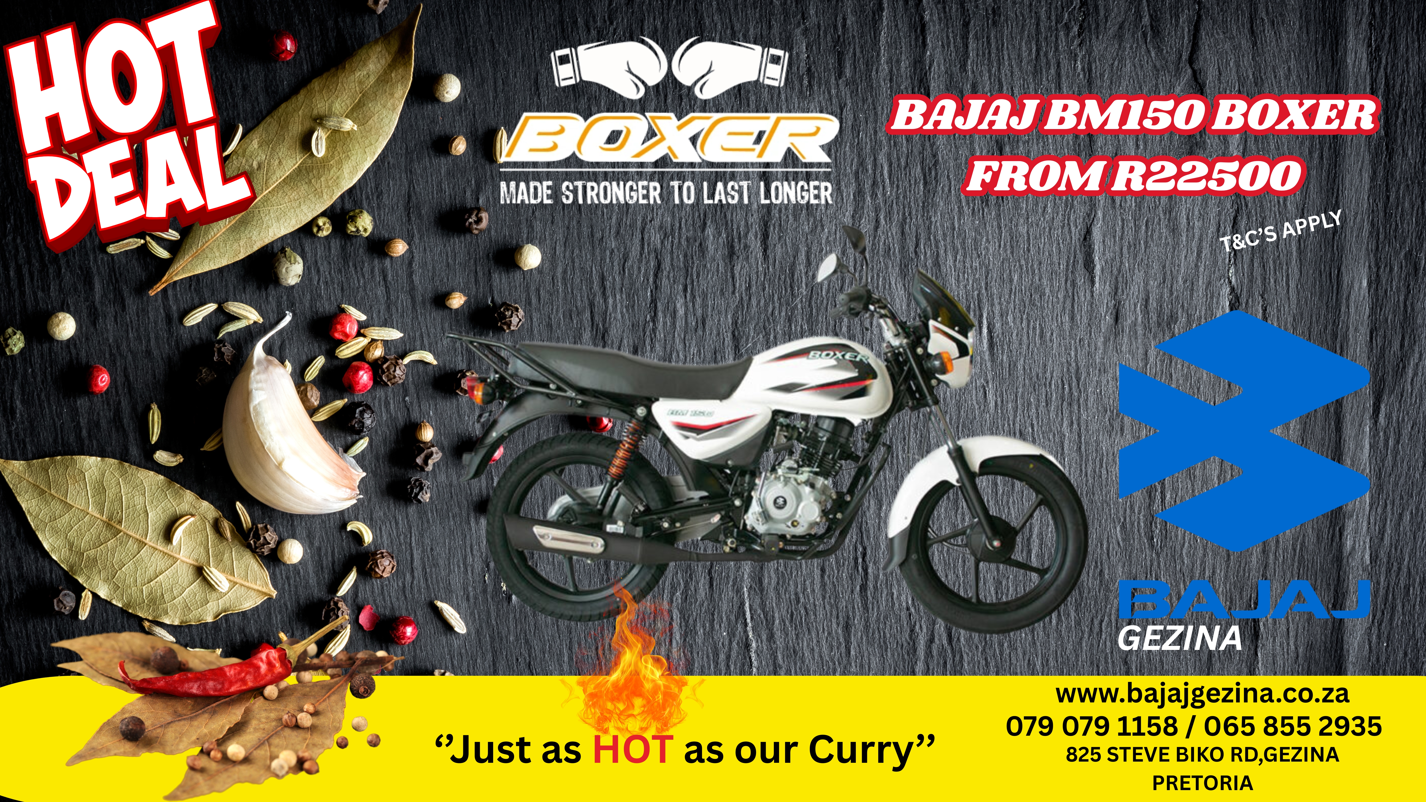 Promotional image for Bajaj BM150 Boxer motorcycle featuring the logo, text highlighting a special deal, and a background with spices, emphasizing the bike's affordability and durability.