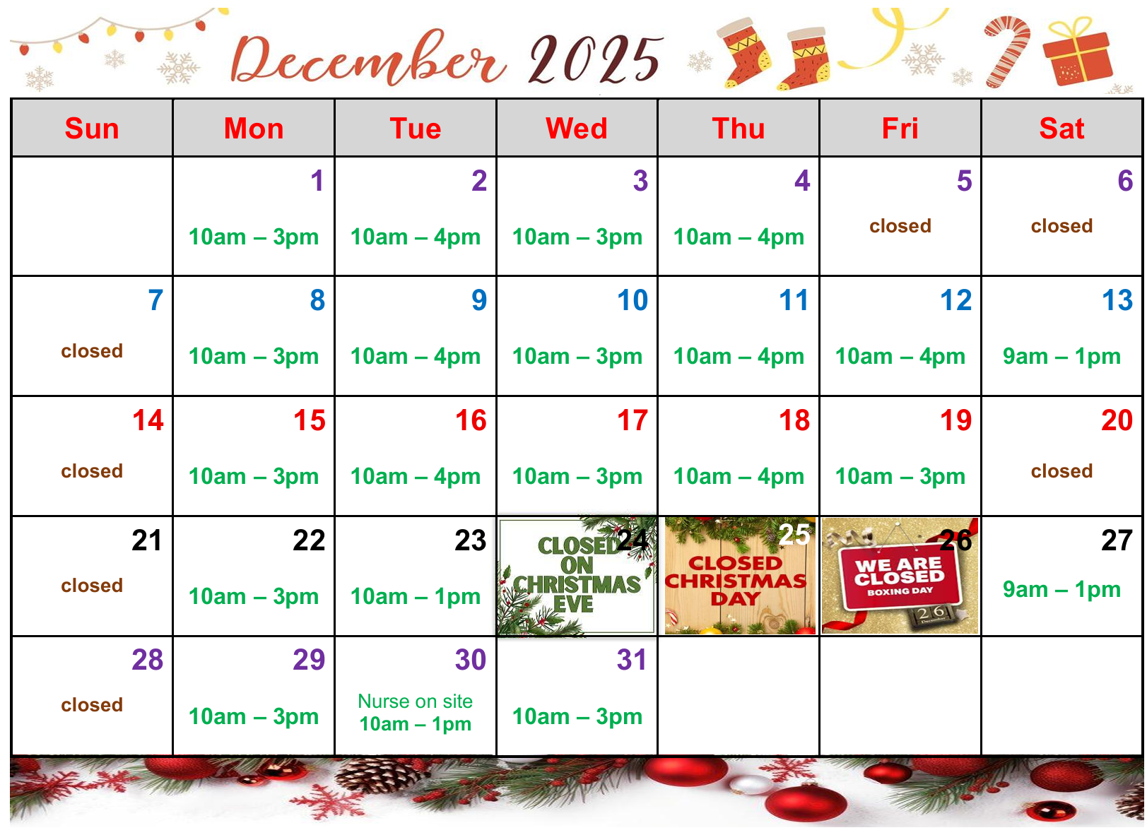 Clinic hours for this month