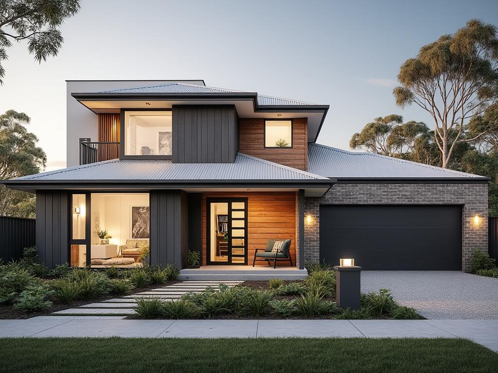 Modern two-story house with a stylish facade featuring wood, brick, and metal elements, landscaped garden, and large windows at twilight.