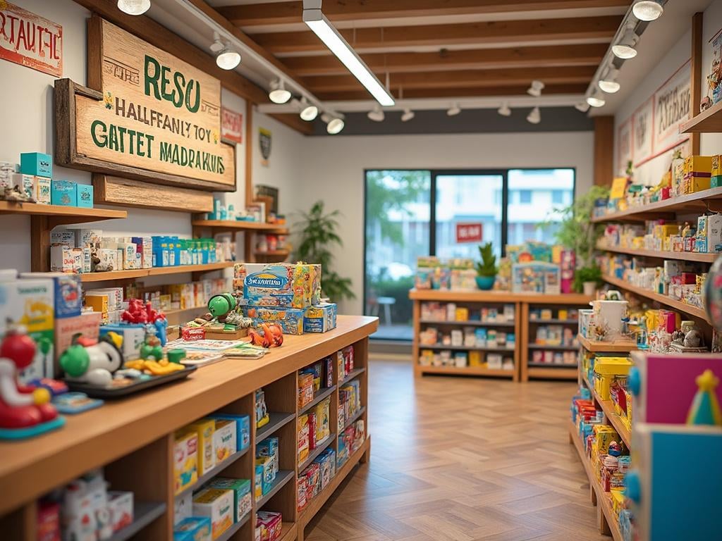 Colorful toy store interior with wooden shelves full of diverse toys and games, featuring bright signage and natural light from large front windows.