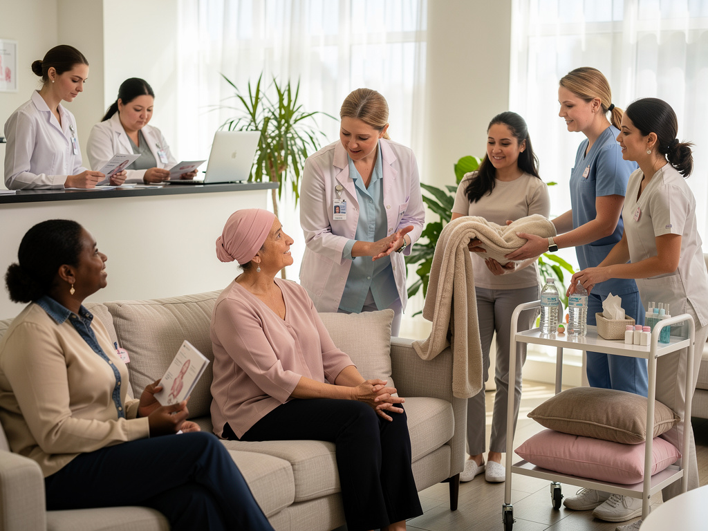 Cancer patient support group with doctors and nurses in a bright oncology clinic offering care and comfort