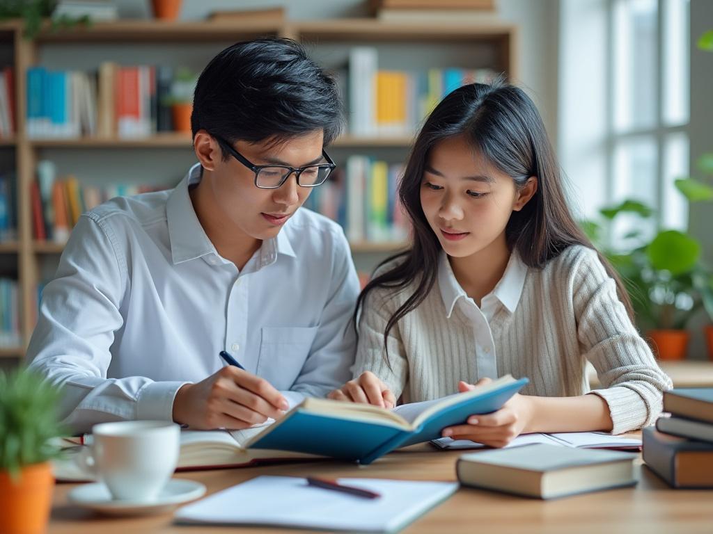 Two students studying together at a table with books and a cup of coffee in a library setting.