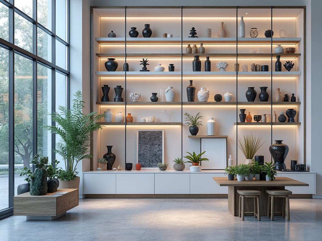 Modern room interior with large wall-mounted shelves displaying various decorative vases and sculptures, a large window letting in natural light, and a wooden table with potted plants.