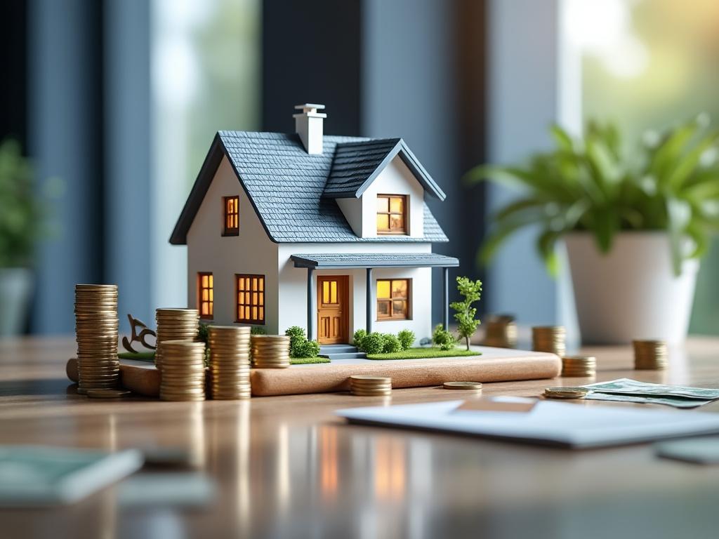 Miniature model house surrounded by stacked coins on a table, symbolizing real estate investment and financial growth.
