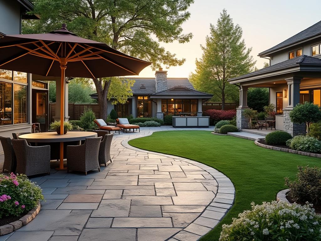 Spacious backyard with stone patio, outdoor seating, umbrella, and well-maintained garden at sunset. Spacious backyard with stone patio, outdoor seating, umbrella, and well-maintained garden at sunset.