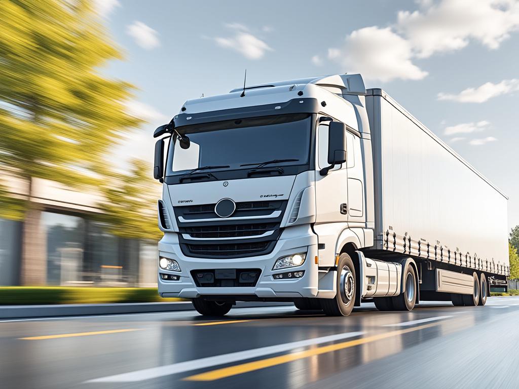 Camion de transport blanc roulant sur une route urbaine par une journée ensoleillée.