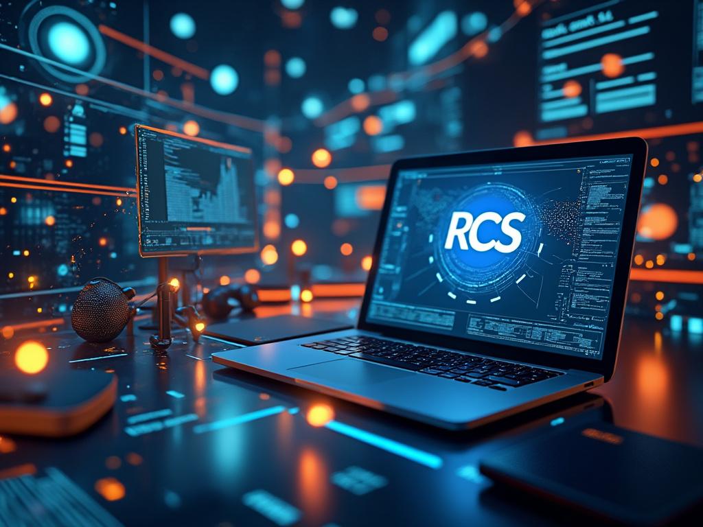 Futuristic technology workspace with a laptop displaying 'RCS' on the screen, surrounded by digital data and blue-orange ambient lighting.
