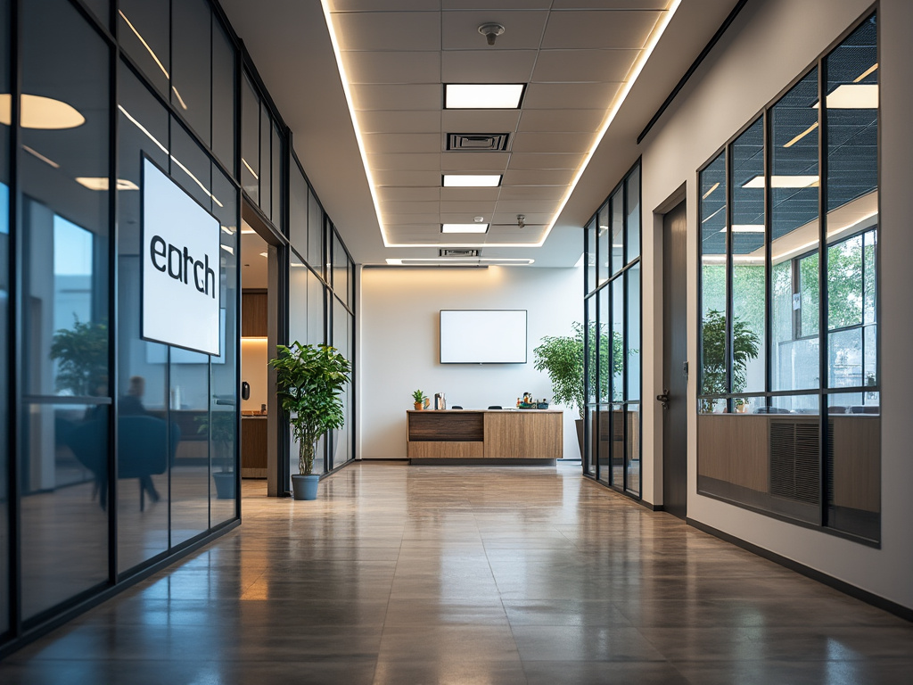Modern office interior with glass walls, wooden furniture, and potted plants, featuring a sleek design and a bright, inviting atmosphere.