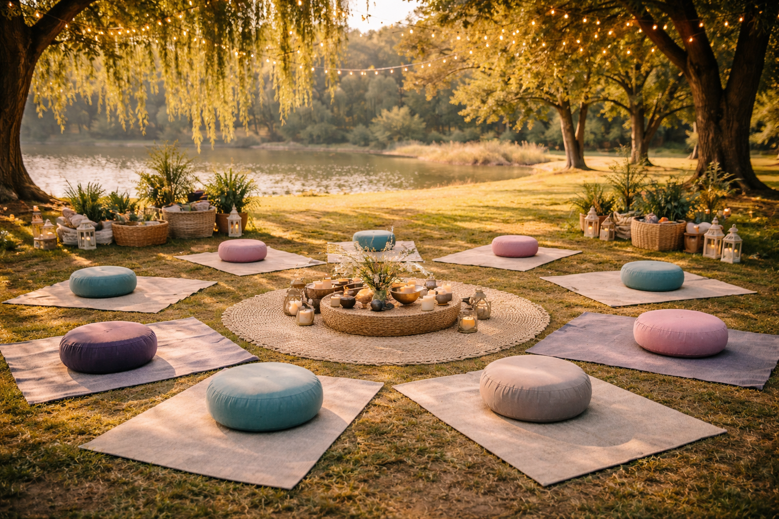 Outdoor picnic setup with colorful cushions, blankets, and candles around a decorative centerpiece near a scenic lake under glowing string lights.