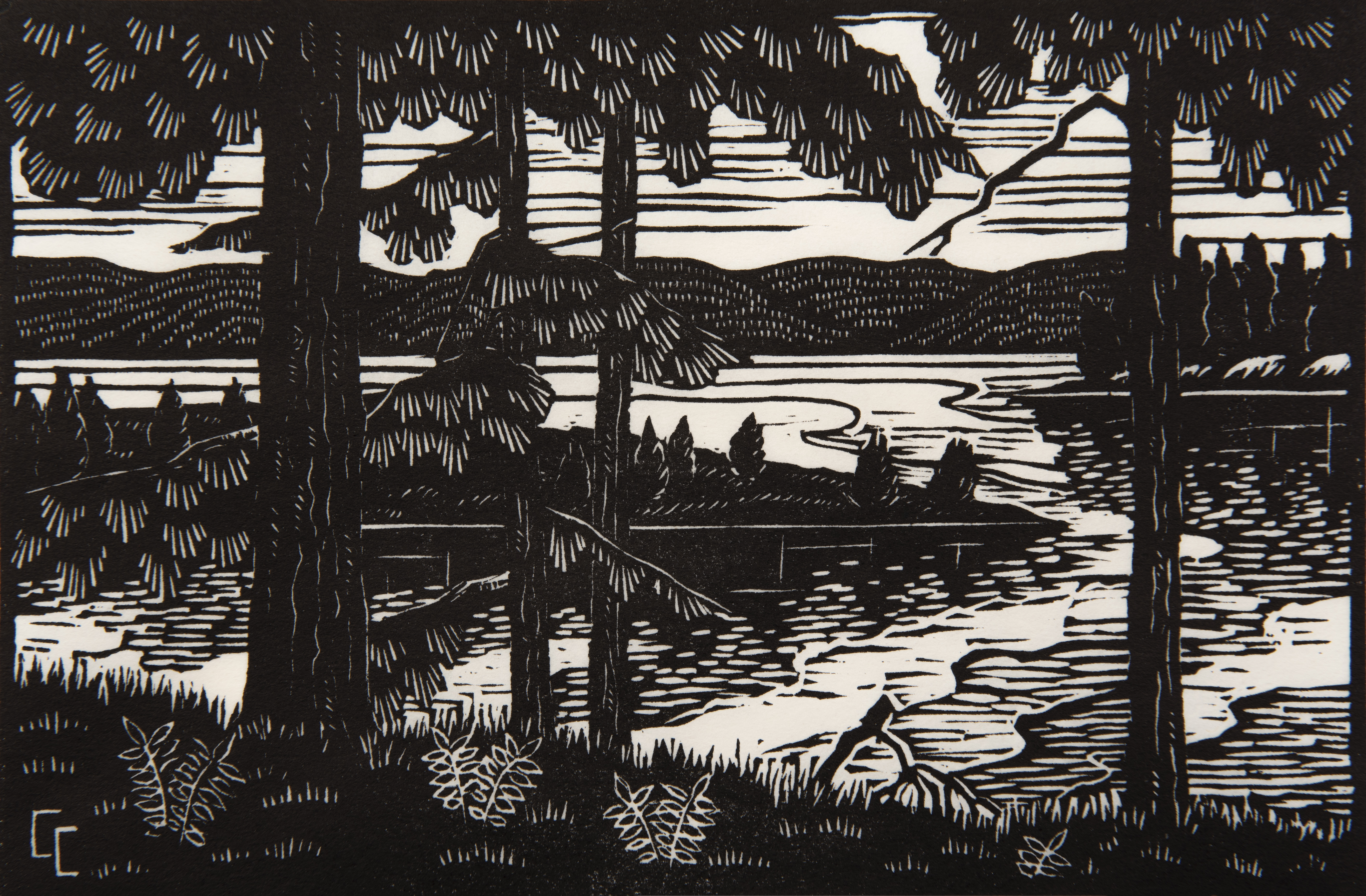 Carolyn Curtis,  Northern Lake, 1943, Linocut print