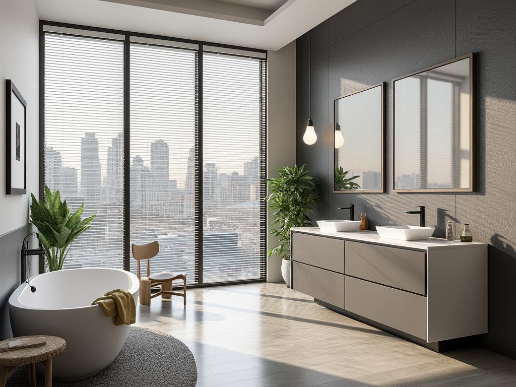 Modern bathroom with freestanding tub, double sink vanity, large windows, city skyline view, and indoor plants for a luxurious feel.