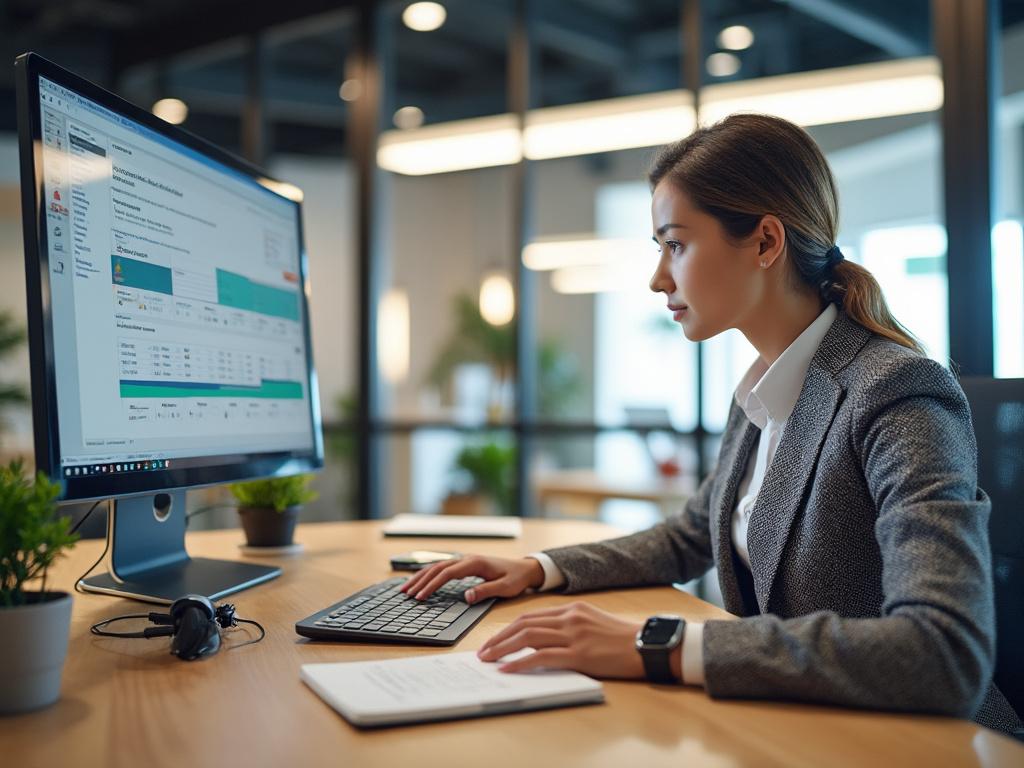 Mujer trabajando en la oficina frente a un monitor de ordenador con gráficos en pantalla.