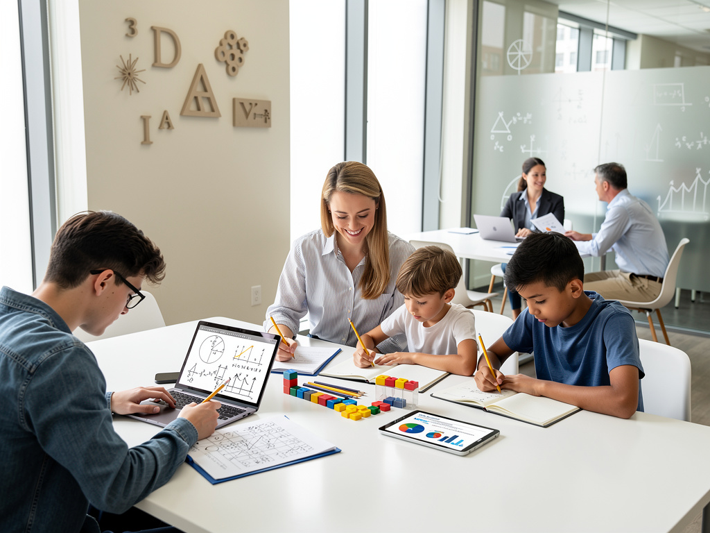 Students and teacher learning math with laptops, tablets, and colorful blocks in a modern classroom