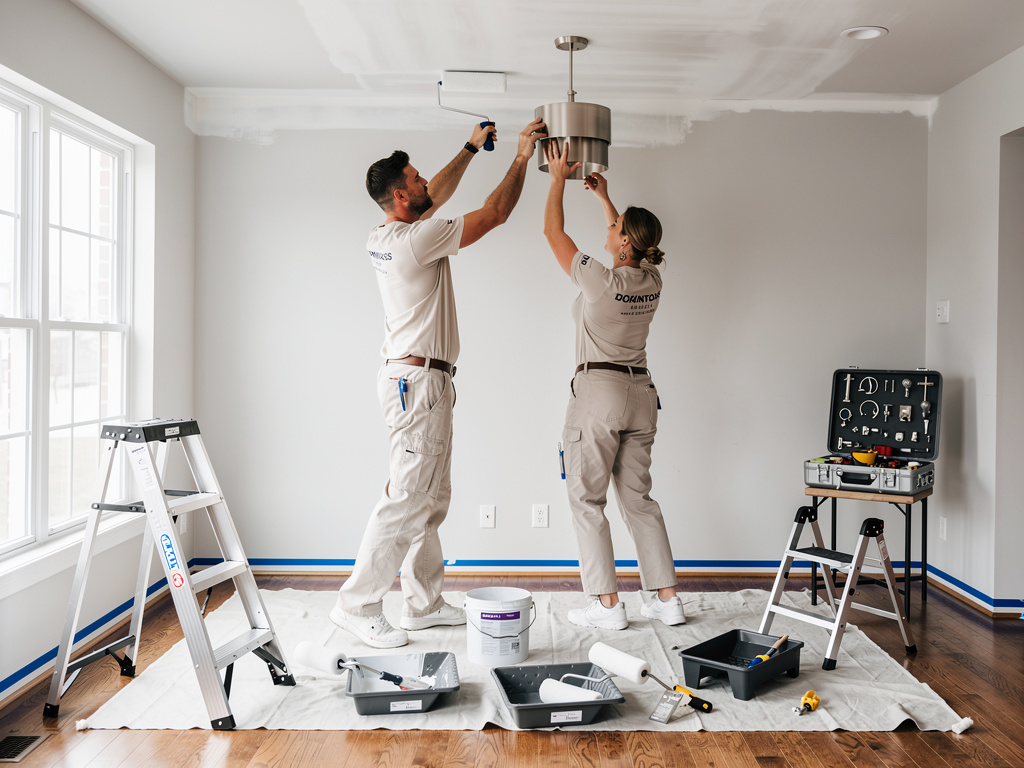 Professional painters repairing and painting ceiling while installing light fixture in a bright room with tools and ladders Professional painters repairing and painting ceiling while installing light fixture in a bright room with tools and ladders