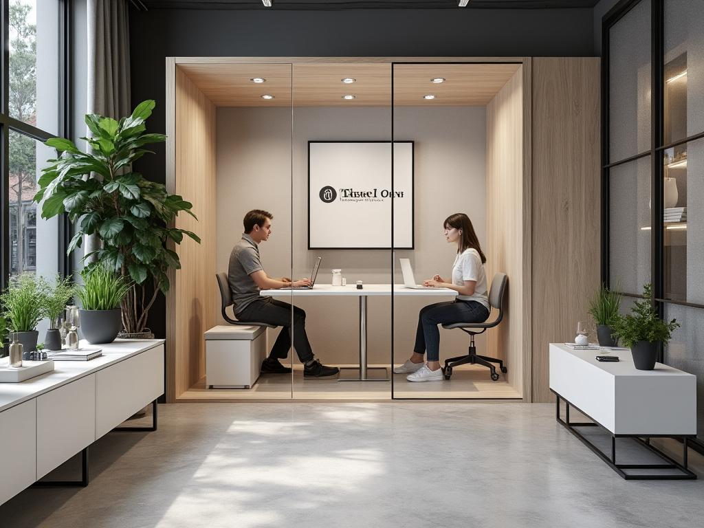 Dos personas trabajando en una oficina moderna con paredes de cristal y plantas decorativas, usando laptops en una mesa blanca.