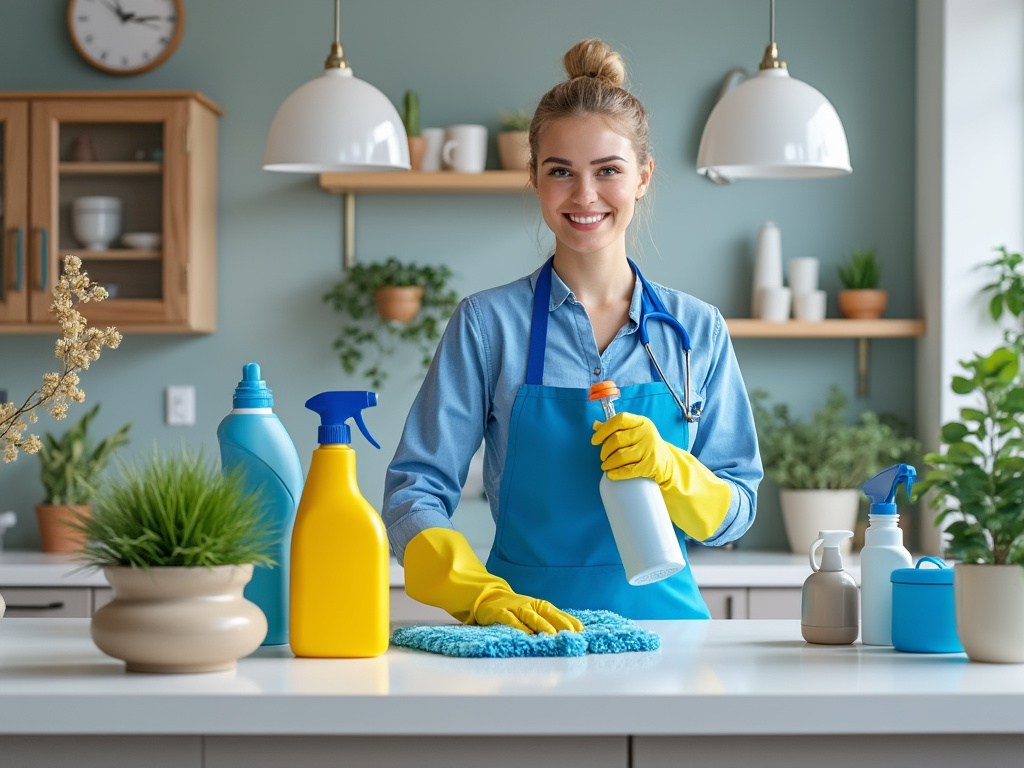Woman in apron and gloves cleaning kitchen counter with various cleaning supplies and plants around.