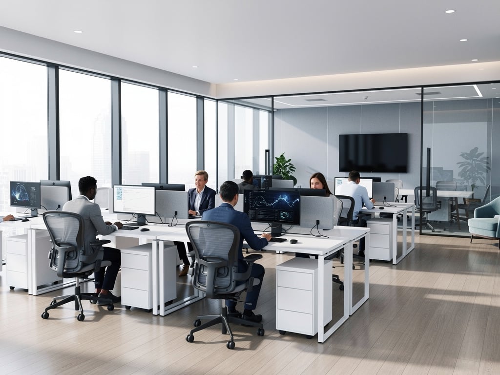 Modern open-plan office with employees working at desks, large windows, computers, and glass meeting room