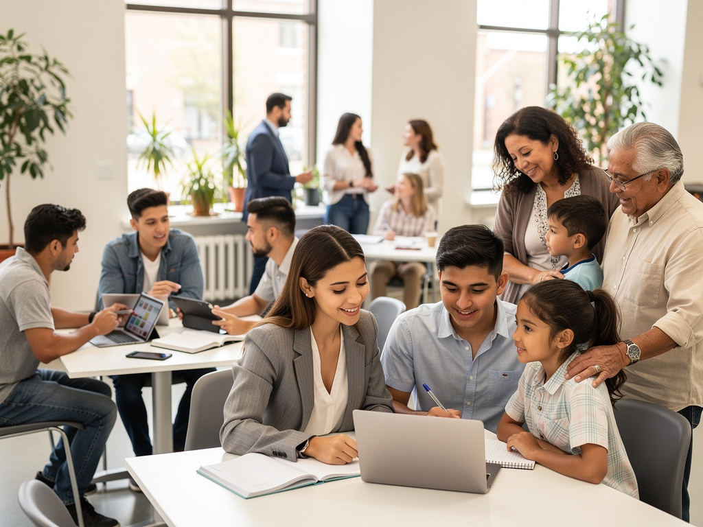 Multigenerational Hispanic family meeting with a financial advisor in a bright modern office