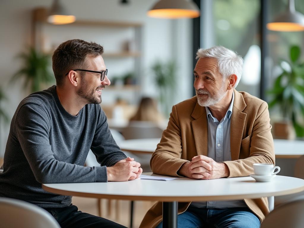 Two men of different ages smiling and conversing at a table in a bright modern café, with coffee cups and plants in the background.