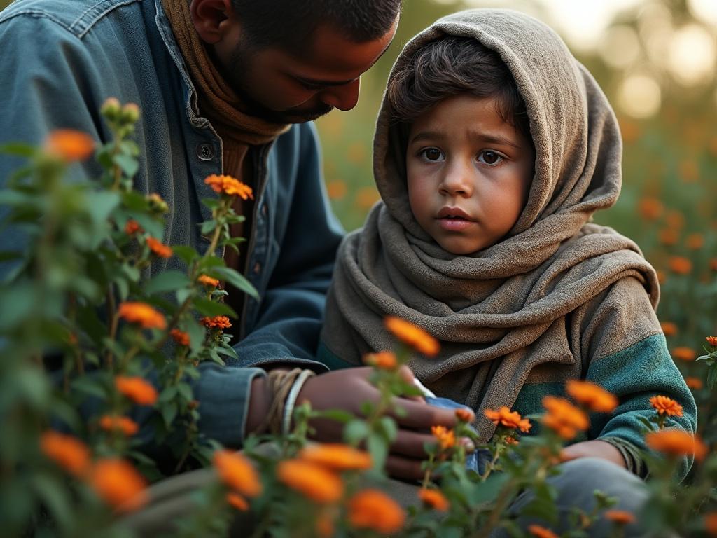 A contemplative child wrapped in a brown scarf sitting in a vibrant field of orange marigolds, with a man beside them.
