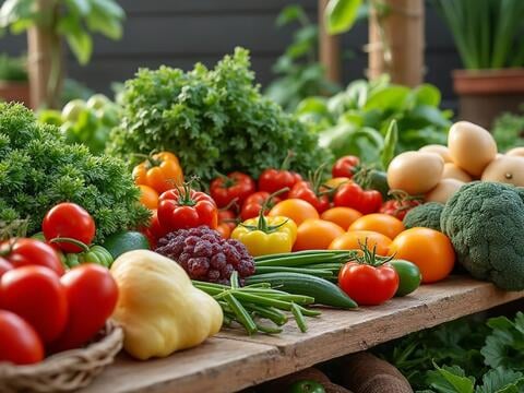 Fresh vegetables and fruits on a wooden table, including tomatoes, bell peppers, broccoli, grapes, and herbs with potted plants in the background. Fresh vegetables and fruits on a wooden table, including tomatoes, bell peppers, broccoli, grapes, and herbs with potted plants in the background.