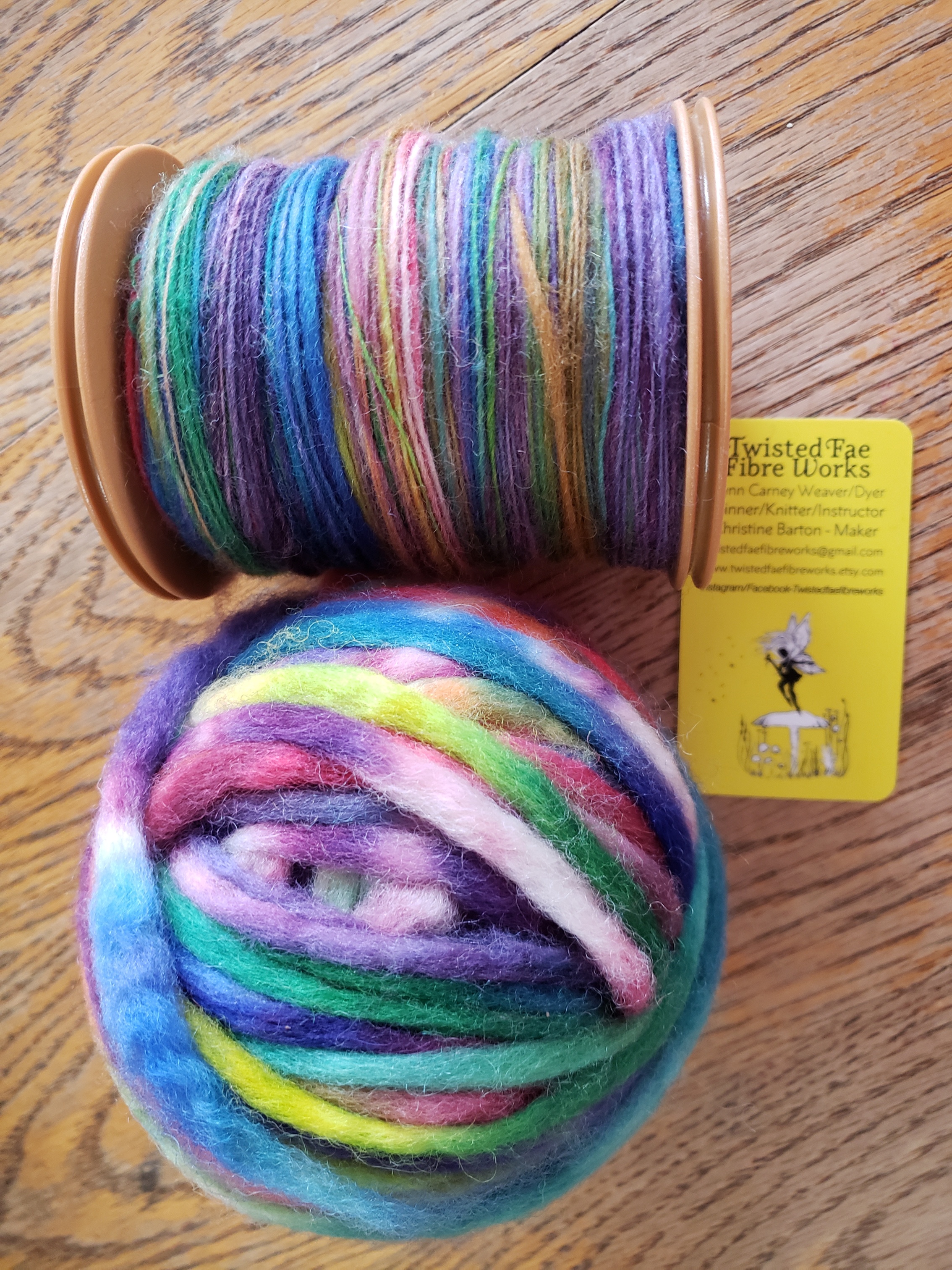 Birthe - dyed merino pencil roving from Twisted Fae Fibre Works and as a spun single.
