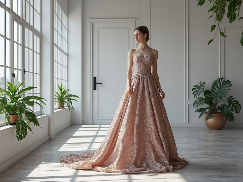 Woman in an elegant blush pink gown standing in a bright, plant-filled room.