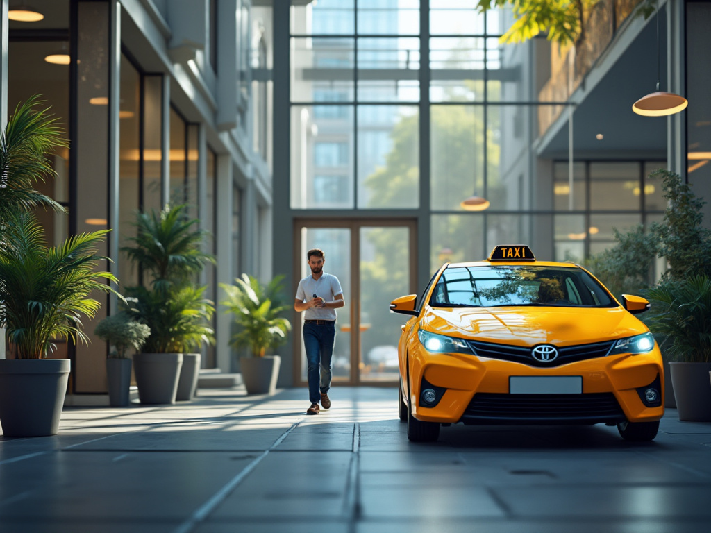 Yellow taxi parked in a modern glass atrium with indoor plants and a man walking nearby
